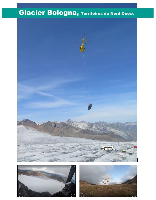 Compilation de trois clichés d’un hélicoptère en action sur le glacier : livraison de matériel, vue du hublot et départ.